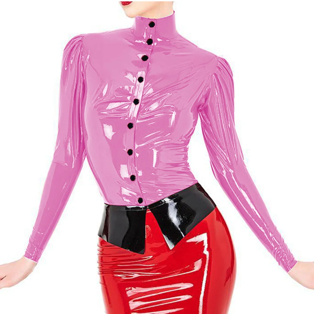 Women's Puff Full Sleeve Button Snaps Shirt, Sexy Skinny Shirts, PVC Leather Blouse, Elegant Lady Fashion Tops, Wetlook, S-7XL