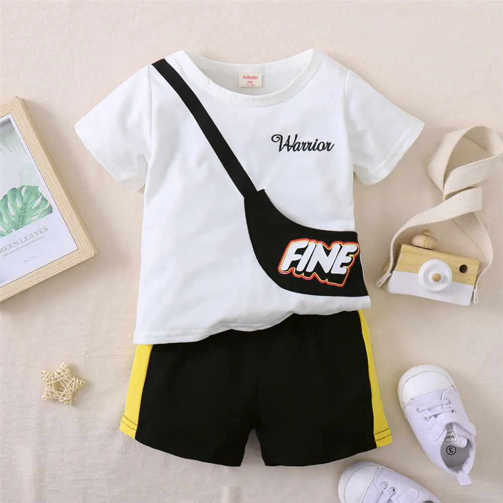 소년 가방 프린트 반팔 상의 및 컬러 블록 반바지, 1-5 세 아동용 패션 데일리 스타일 의상, 여름 의류 세트, 2 개