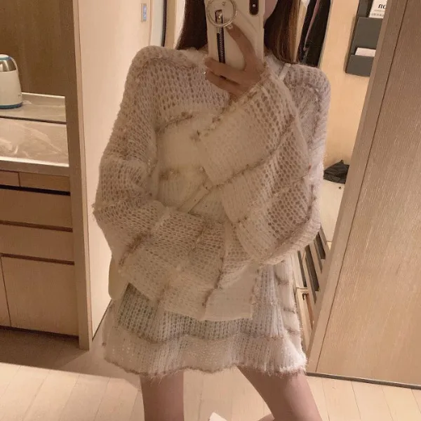 

Fall New All-match Mid-length Apricot Sweater Korean Fashion Hollow Striped Knitwear Female Winter Long Sleeve Sweater