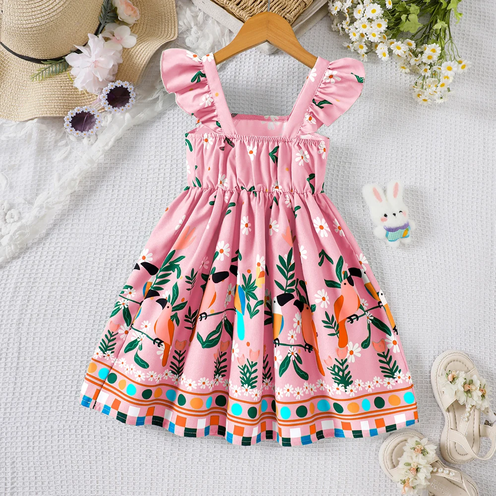 فستان بناتي صيفي بأكمام طويلة وطبعة نباتية