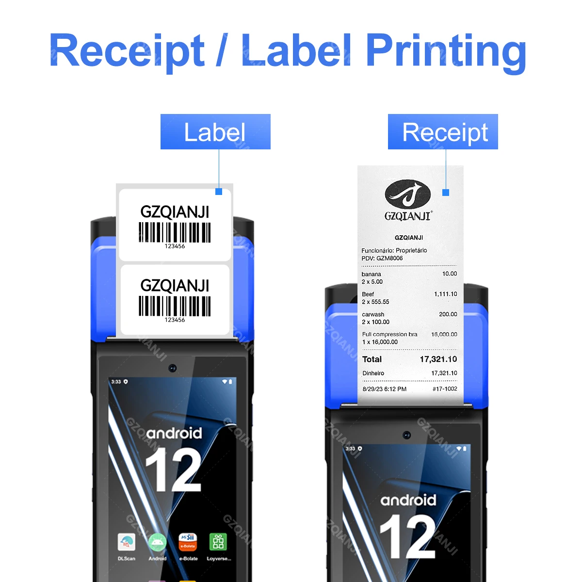 4G Android 12 Handheld Terminal Mobile POS Device with 58mm Thermal Receipt & Label 2-in-1 Printing,1D 2D Scanner NFC,Stickers
