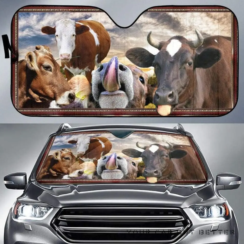 

Funny Dairy Cows Licking at Sunset Background Car Sunshade, Funny Dairy Cows Farm Animals at Sunset Auto Sun Shade, Windshield V