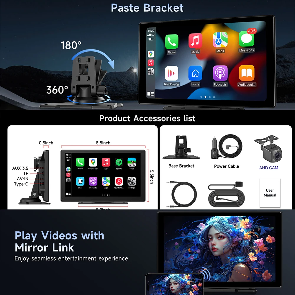 9" Car Mirror Radio Multimedia Video Player Universal Wireless Carplay Android Auto Screen With Bluetooth Rearview Camera