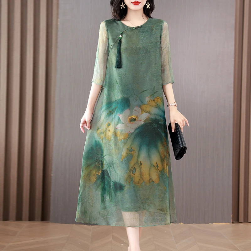 

2023 summer new high-end silk dress female international big brand vintage print age reduction silk silk skirt