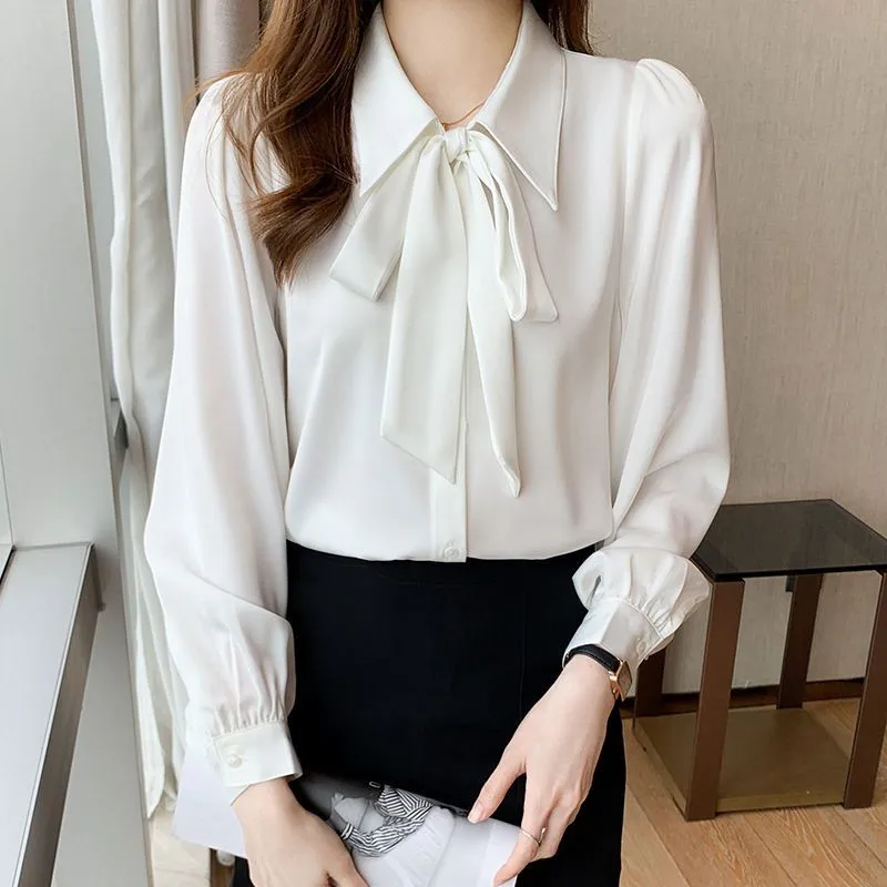Blusas elegantes y juveniles para mujer, Camisa lisa de larga, Top con lazo, camisas blancas informales, versión coreana de cinta para mujer - AliExpress