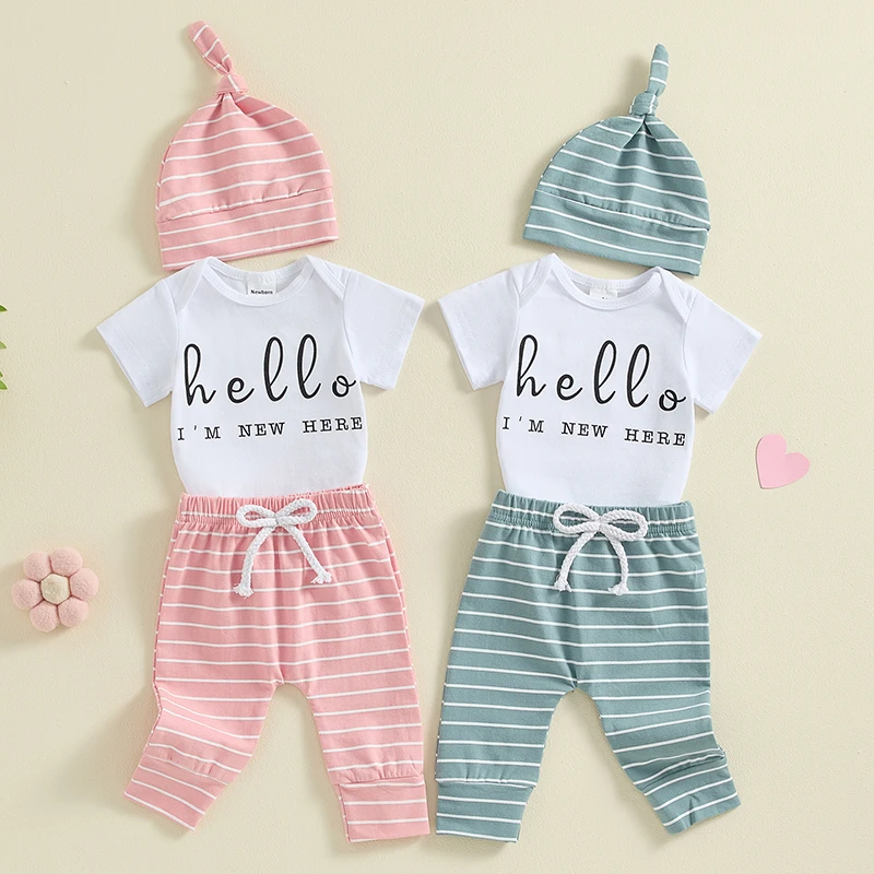 

Suefunskry Baby Boy Girl Summer Outfit Letter Print Short Sleeve Romper and Elastic Striped Pants Beanies Hat Set 3Pcs Clothes