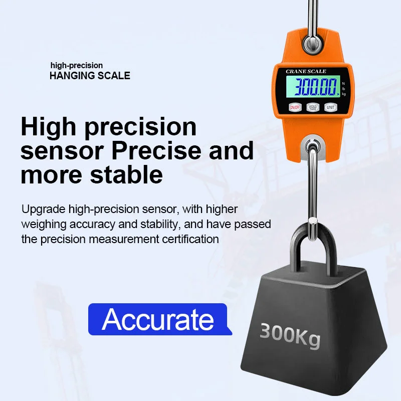 300kg High Precision Portable Digital Hanging Scale Stainless Steel Hook LCD Industrial Scales Kg/Lb/N