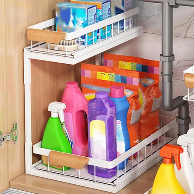 Storage Solution for Pipes Garbage Disposals Sliding Cabinet Organizer  Efficient 2-tier Sliding under Sink Organizer for Kitchen - AliExpress