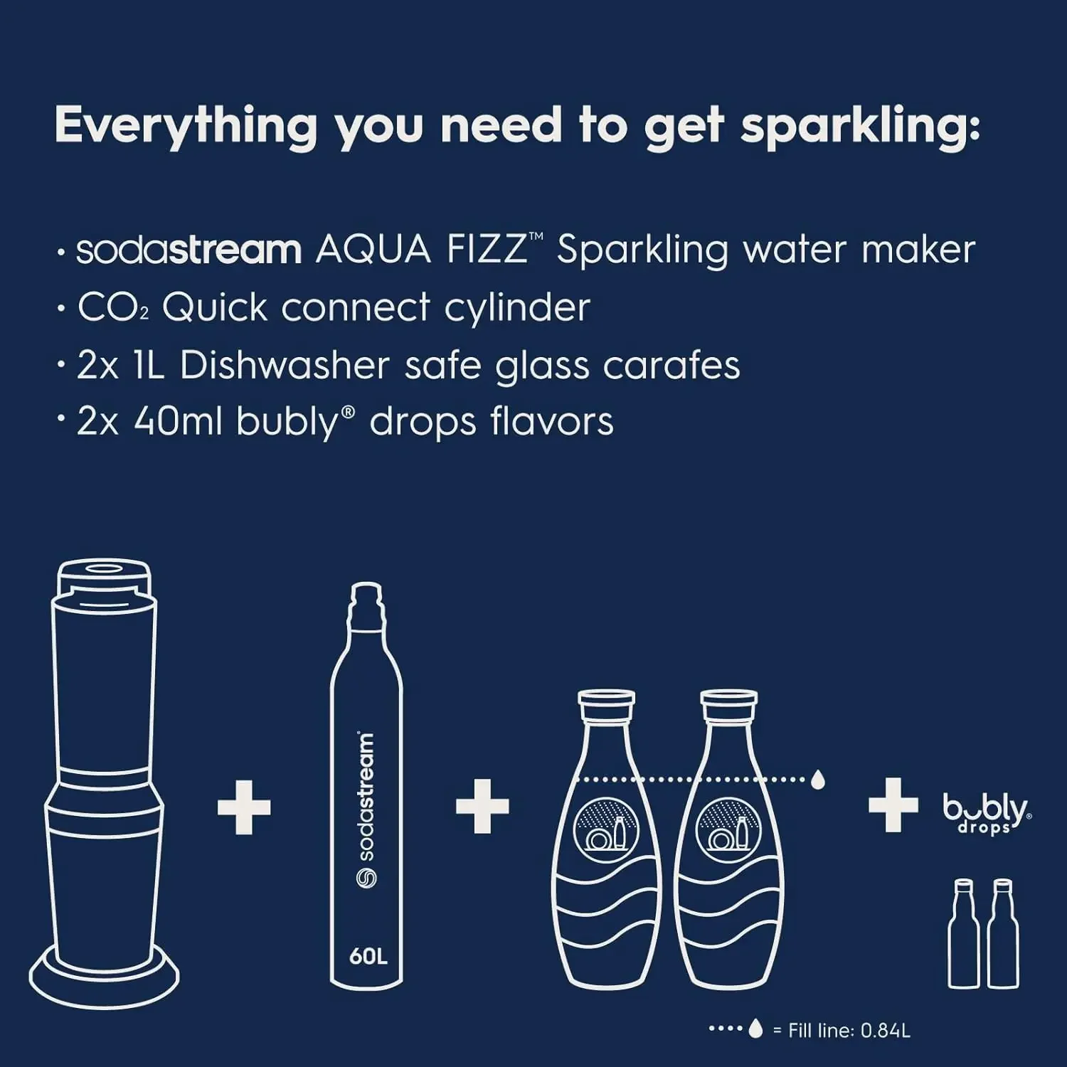 Aqua Fizz Sparkling Water Maker Bundle (Black), with Co2, Glass Carafes, & bubly drops Flavors 3