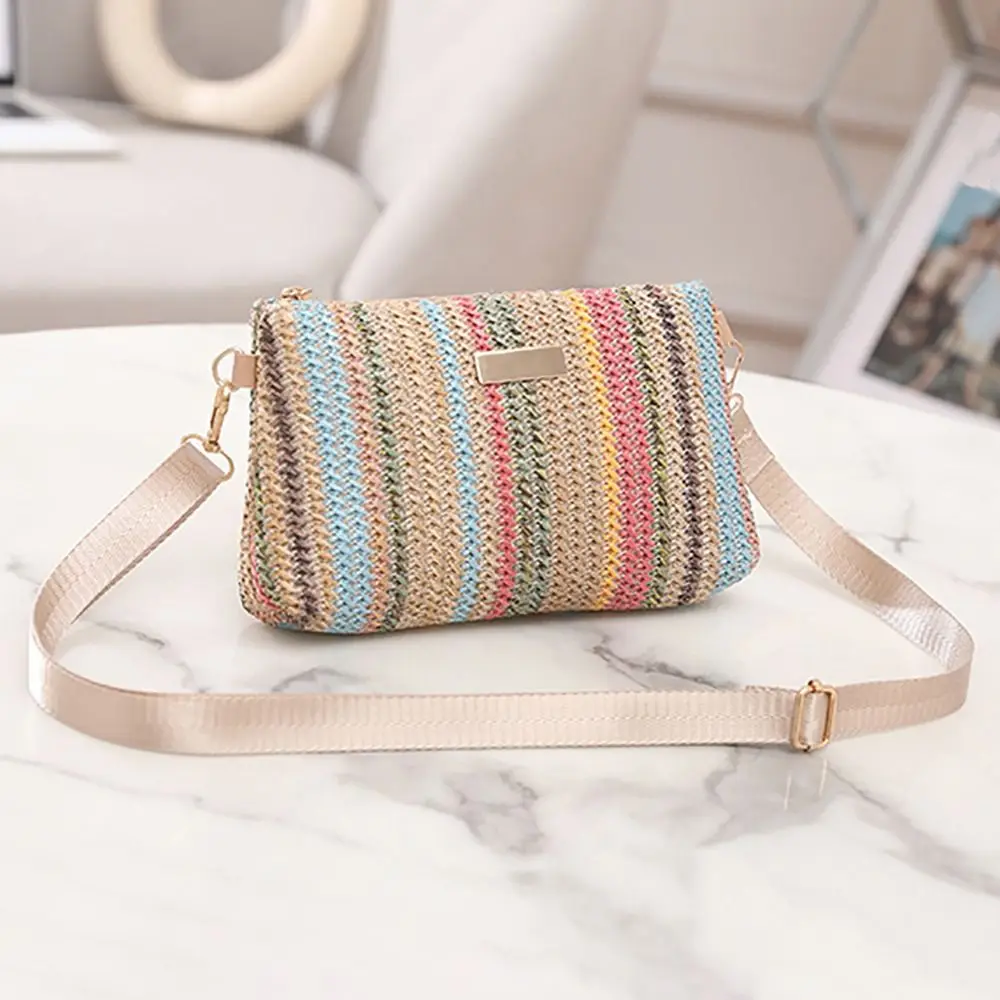 Fashion Colorful Rainbow Woven Bag Travel Organizer Adjustable Strap Girls Shoulder Bag Portable Messenger Bag Daily