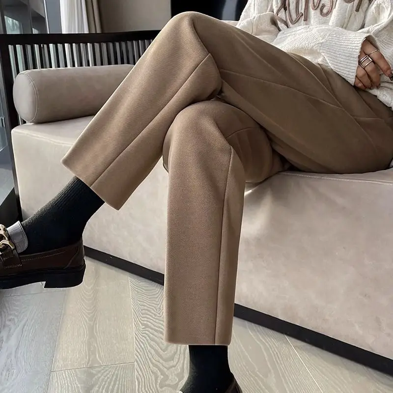 Semplicità Autunno Donna Pantaloni da abito in lana Tasche solide Bottoni Elastico a vita alta Pantaloni dritti alla caviglia addensati alla moda 1