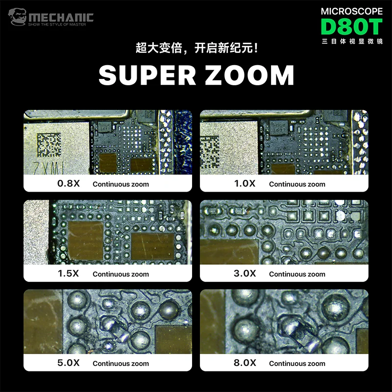 MECHANIC D80T-B5 삼안 스테레오 산업용 현미경 8-80X 연속 줌 비율 PL10x27 접안렌즈 0.5X CTV 카메라 어댑터