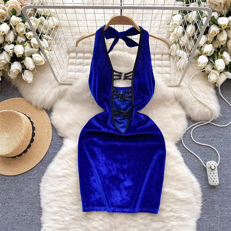 Chillgio sexy rücken freie Velours Frauen Kleid solide erotische Nachthemd Sommerkleid schlanke Halfter Vestido Club Mode Mini Bleistift Nachthemden – Detail 14