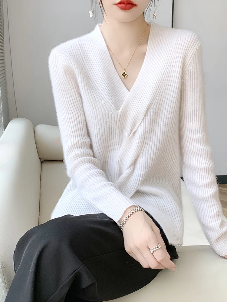 Women New Fashion Female Spring Autumn 100% Pure Merino Wool Twisted  V-Neck Pullover Cashmere Sweater Hollow Out Clothing Top