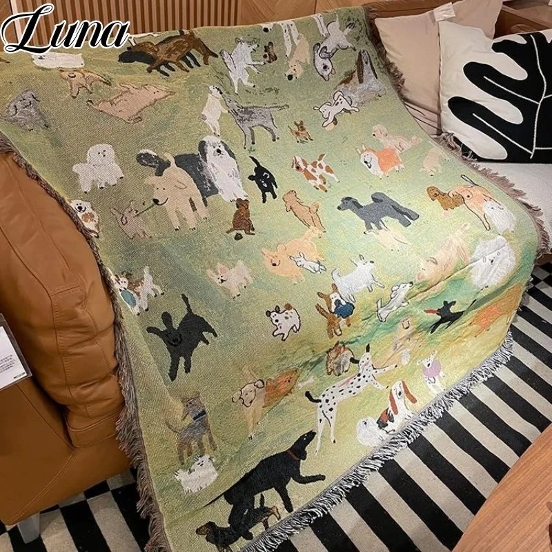 Cute Animal Blanket Outdoor Camping Picnic Mat American Vintage Puppy Park Throw Blankets for Bed Room Decor Tapestry Sofa Cover