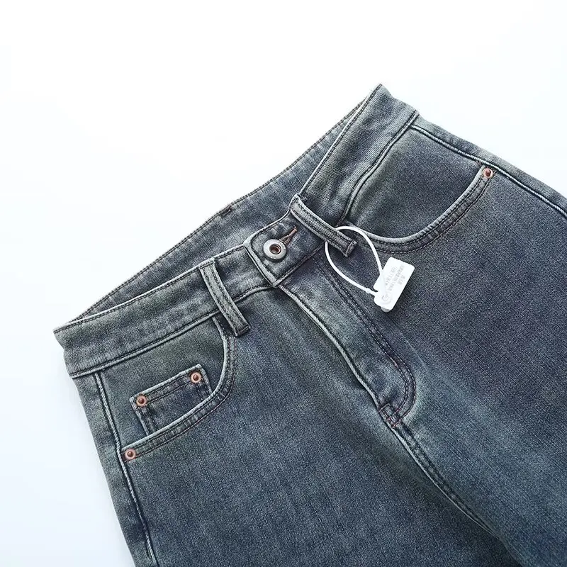 Jenny&Dave Fashionable Women's Casual Trousers With Fleece Winter Plush Jeans Girls Vintage Blue Denim Pants