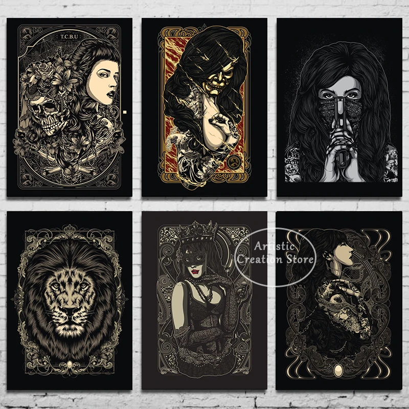 DarkRetroCrowMaskTattooGirlPosterCanvasPaintingPrintsWallArt