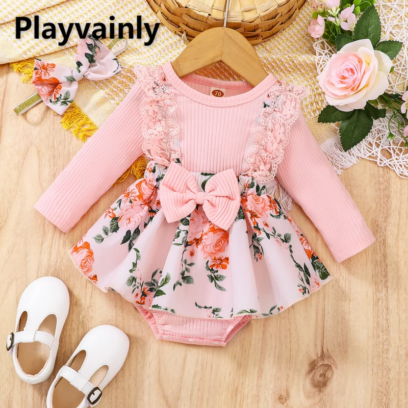 

Baby Girl Spring Autumn Bodysuit Pink Lace O-neck Long Sleeve Jumpsuit Floral Print Bow Patchwork Dress Newborn Clothes E02208