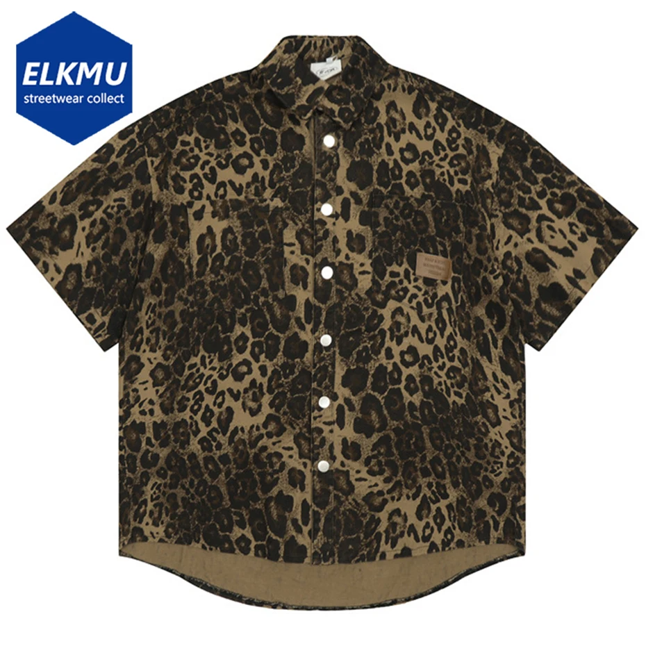 

Men's Fashion Leopard Shirts Summer Loose Short Sleeve Button Up Blouse Harajuku Hip Hop Oversized Shirts Tops 2024
