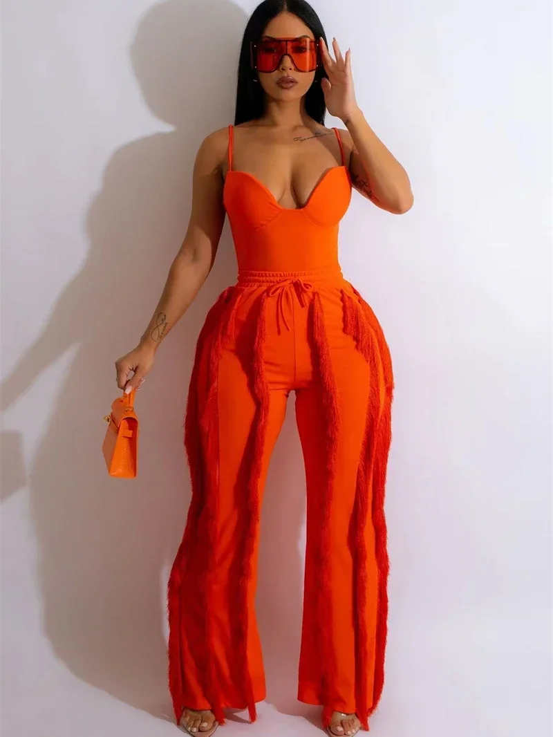 

Streetwear 2 Piece Sets Women Outfit Summer Y2K Clothes Solid Strappy Vest Top + Tassel Pants Sets Tracksuit Women Two Piece Set