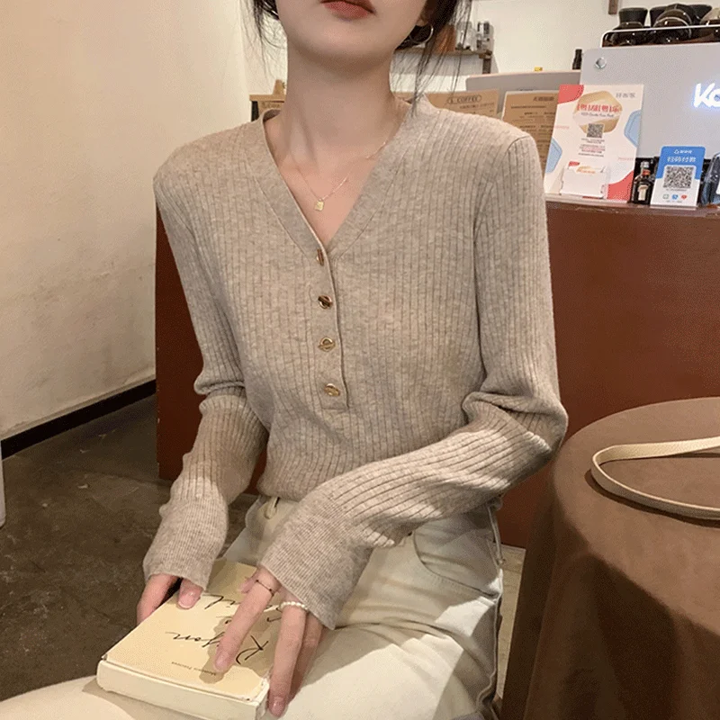 

Spring Autumn New V-neck Knitted Basic Underlay Shirt for Women's 2023 French Advanced Slim Sweater Overlay Long Sleeve Top