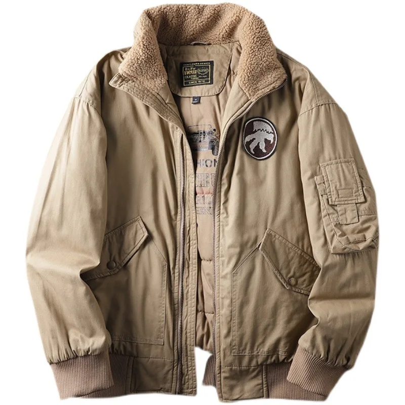 Cargo Winter Padded Jacket Air Force Aviator Jacket Men's Fleece Thickened Lambswool Collar Padded Overalls