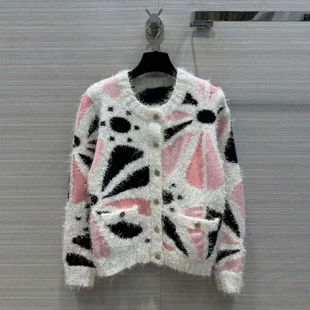 

23New Autumn Contrast Color Floral Crochet Mohair Cardigan Y2K Women O-neck Diamonds Single Breasted Knit Sweater Sweet Clothing