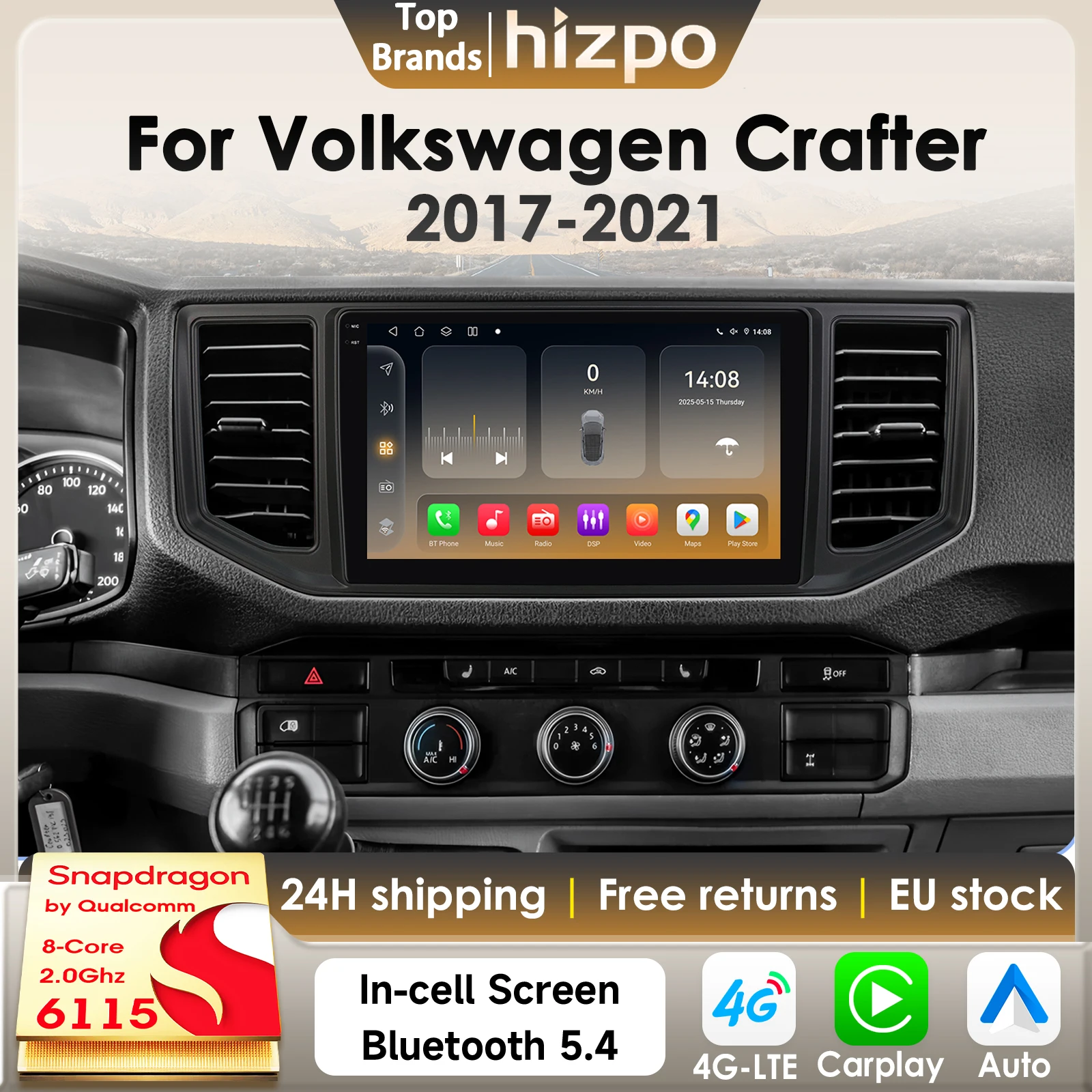Hizpo 8 Core 2Din Android 14 Autoradio für Volkswagen Crafter 2017-2021 Auto Multimedia GPS 4G Carplay von Qualcomm Snapdragon 6115