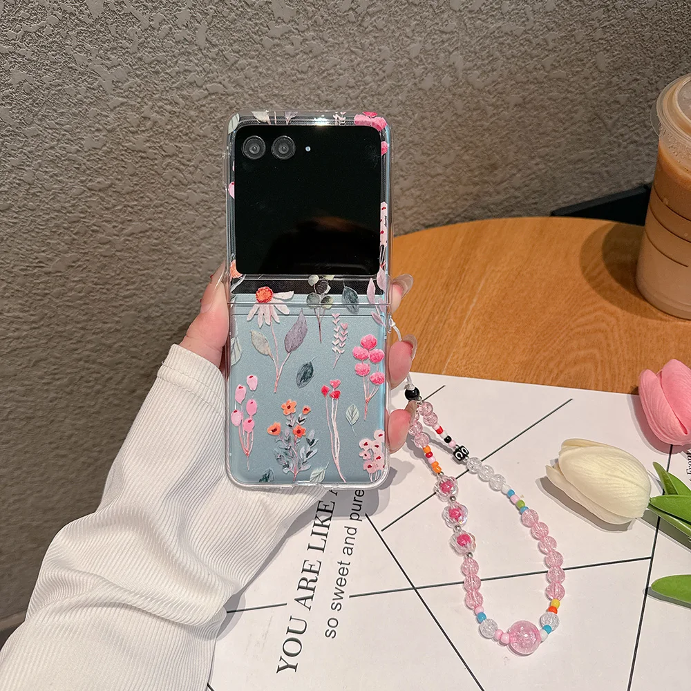 Transparent Flower Folding Case with Bracelet - Shockproof Hard Cover Accessories