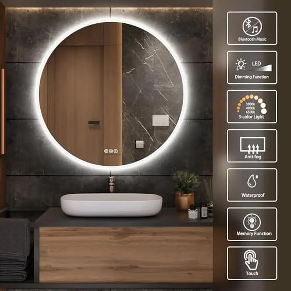 32'' Round LED Bathroom Vanity Mirror Backlit with Front Light Touch Control Bluetooth Speaker Anti-Fog Wall Mounted Makeup