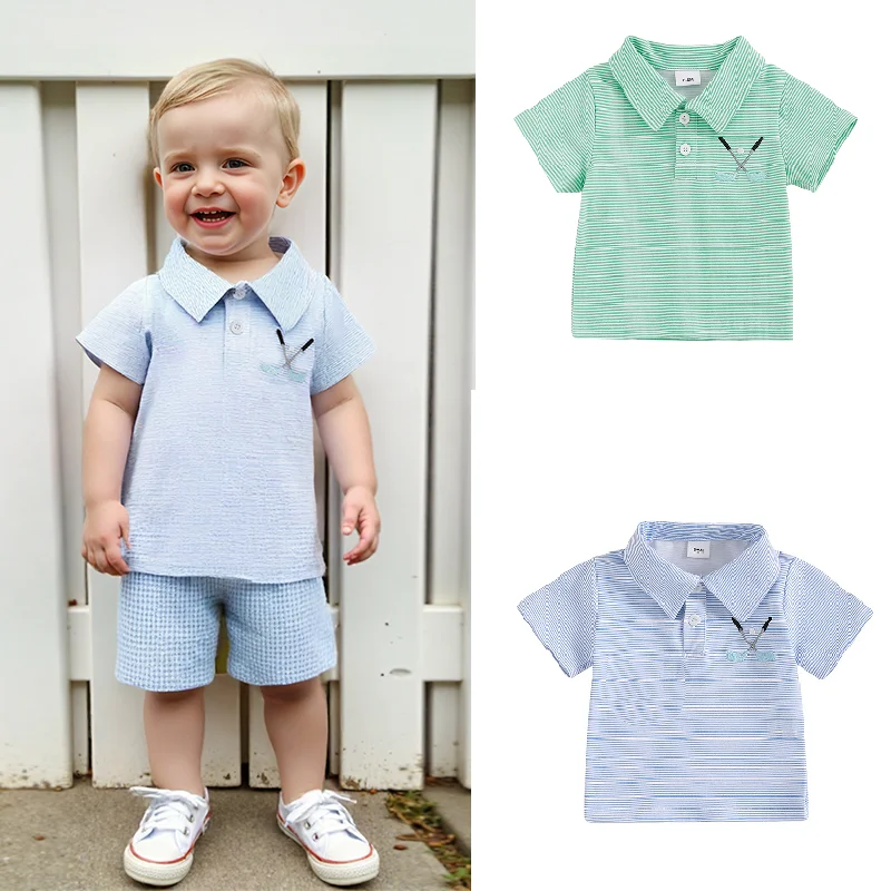 0-3Years Toddler Baby Boys Striped T-Shirts Summer Casual Golf Pattern Short Sleeve Turn-Down Collar Button Kids Casual Tops