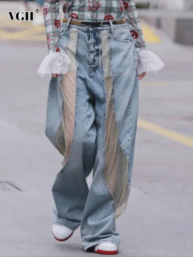 

VGH Solid Patchwork Sheer Mesh Casual Denim Trousers For Women High Waist Spliced Pockets Loose Wide Leg Jeans Female Fashion