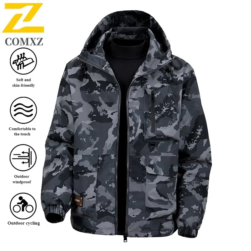 EIAO Autumn Winter Men's Camo Hooded Windbreaker Waterproof Windproof Thermal Jackets Coat for Hiking Camping Fishing New 2025