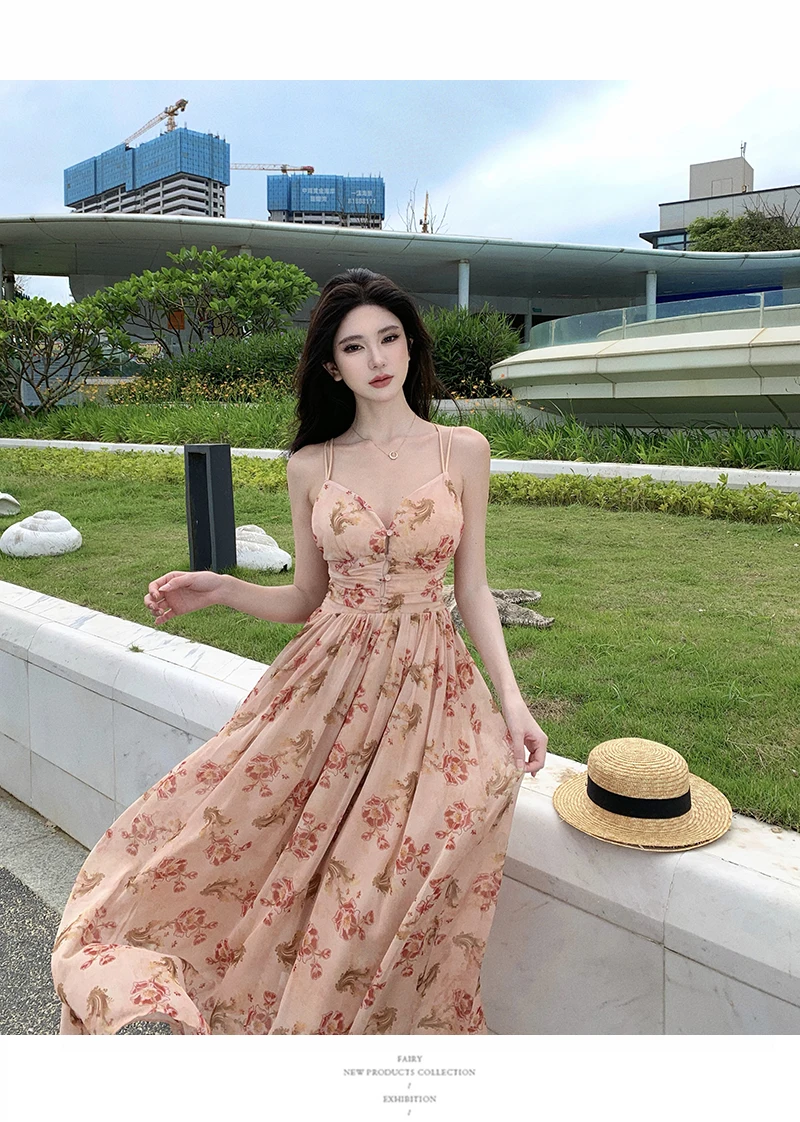 Summer New Spaghetti Strap Floral Long Dresses for Women Backless A-line Beach Style Korean Fashion Party Dress Casual Vestidos