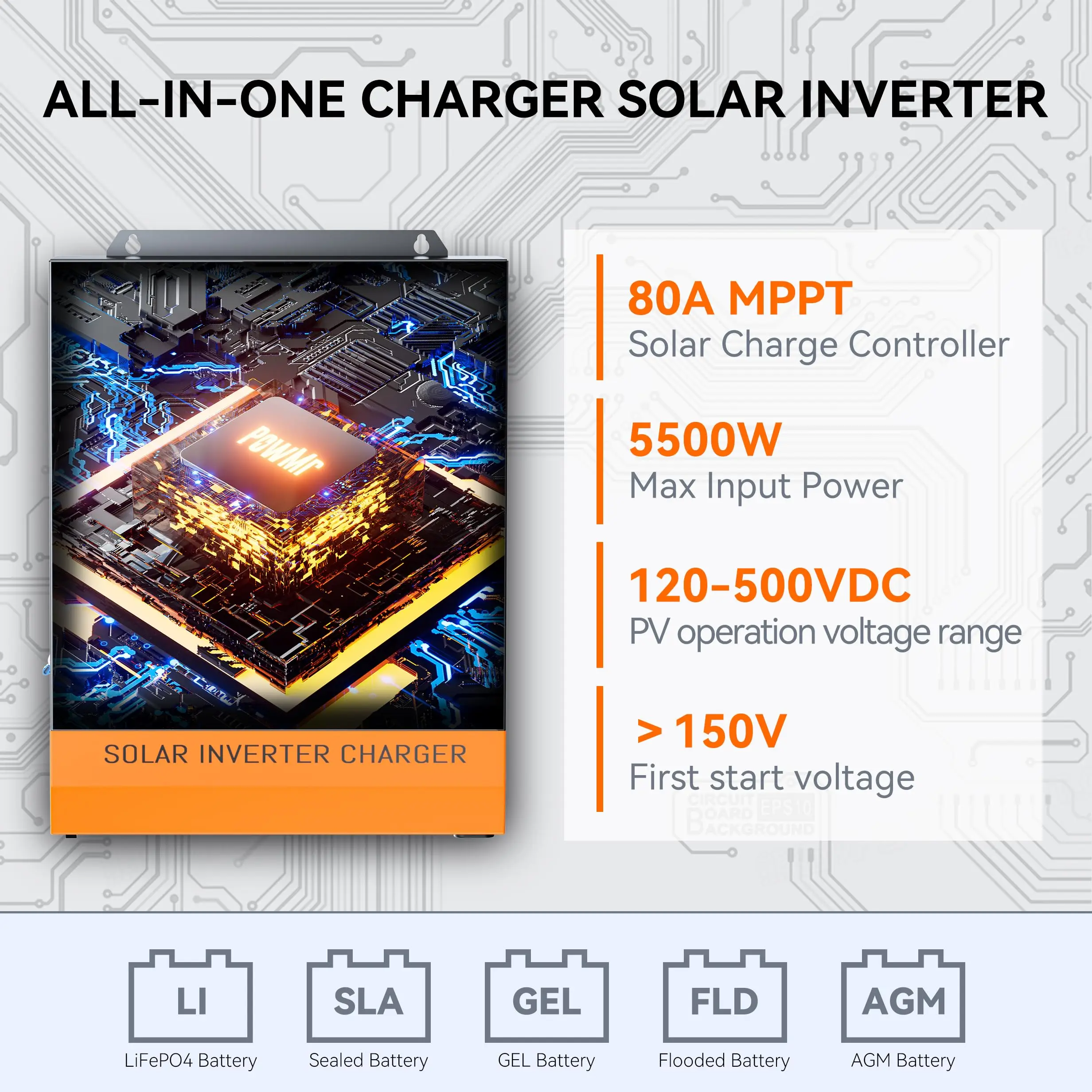 PowMr 하이브리드 태양광 인버터 MPPT 오프 그리드 인버터, 순수 사인파, 최대 PV 입력, 500V, 5.5KW, 110V, 120V, 80A, 5KW, 48V