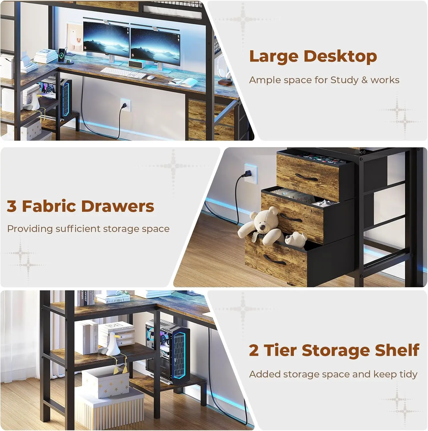 Twin Loft Bed with L-Shaped Desk, Metal Twin Size Bed Frame with LED Lights & Charging Sation, 3 Fabric Drawers, 2-Tier Storage