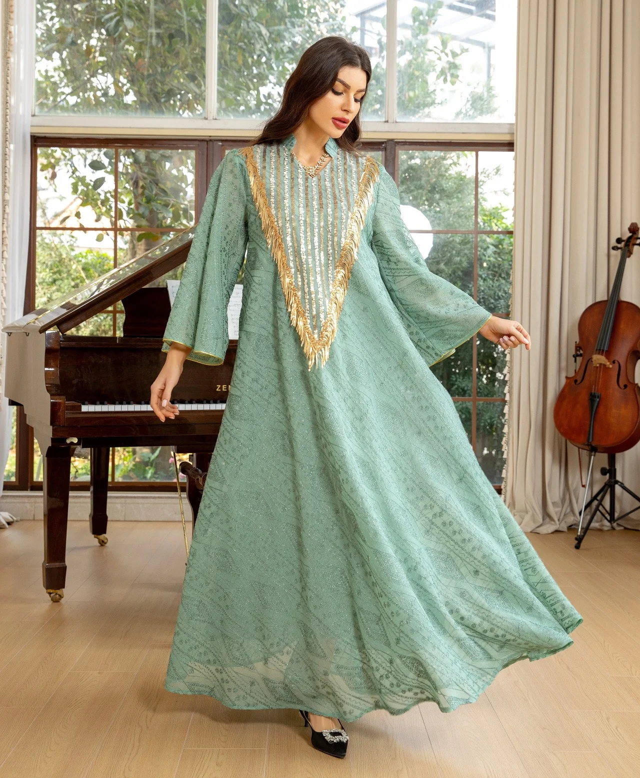 Arabische Dubai Mesh Pailletten Stickerei Abend Robe für Frauen Jalabiyat muslimische türkische lässige lose Langarm Kleidung – Detail 12