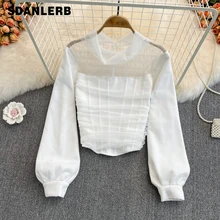 

Spring Autumn Fashion Sexy Blouse Stand-up Collar Off-Shoulder Mesh Stitching Slimming Tops Long Sleeves Short Bottoming Shirt
