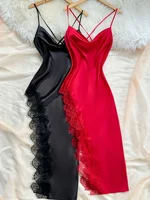 2 piece women's Sexy Sleepwear Set lace trim slit suspender nightdress - Image 5