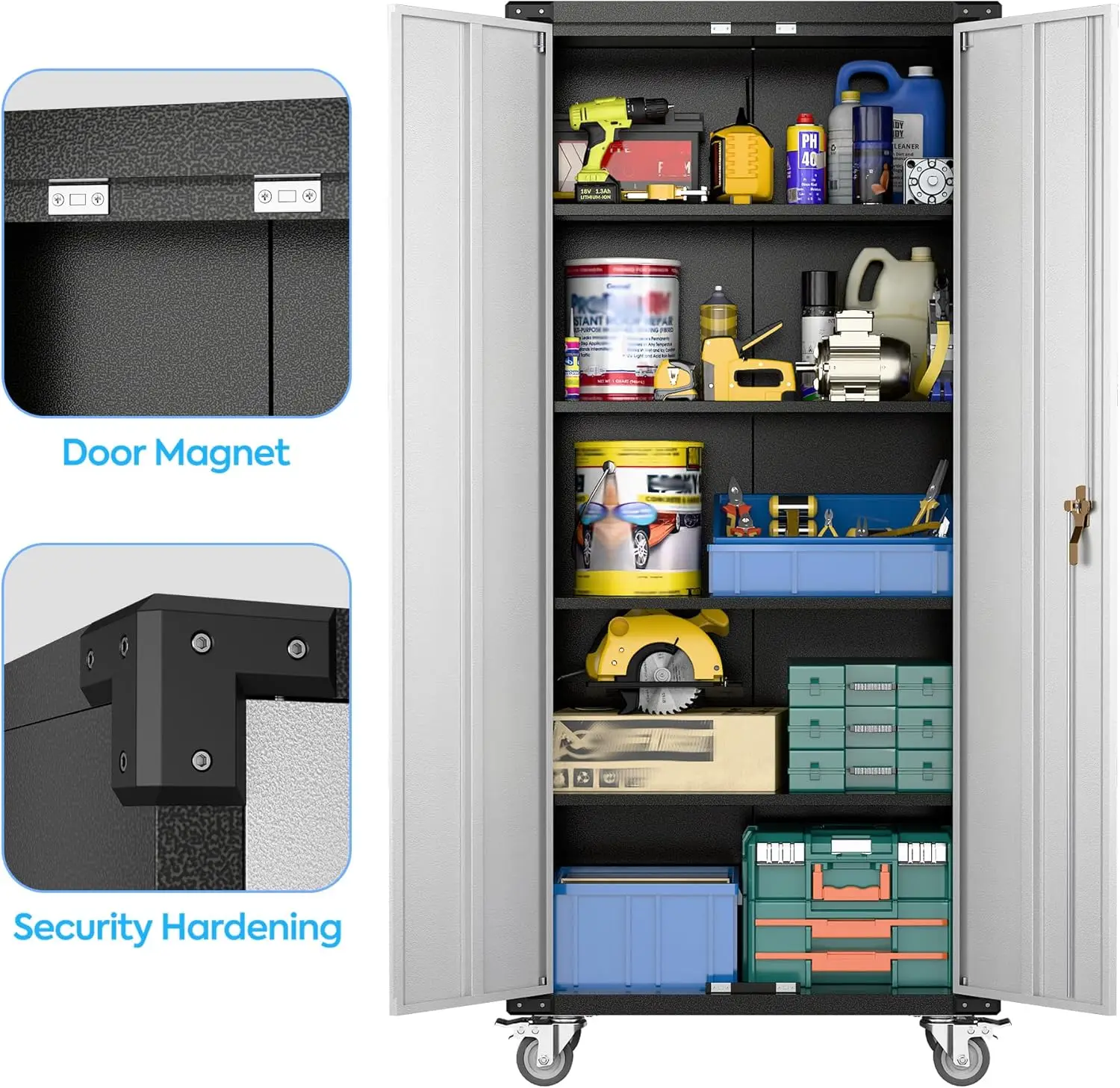 Garage Storage Cabinet with Wheels,72" Metal Storage Cabinet with 2 Doors and 4 Adjustable Shelves, Lockable Rolling Cabinet 6