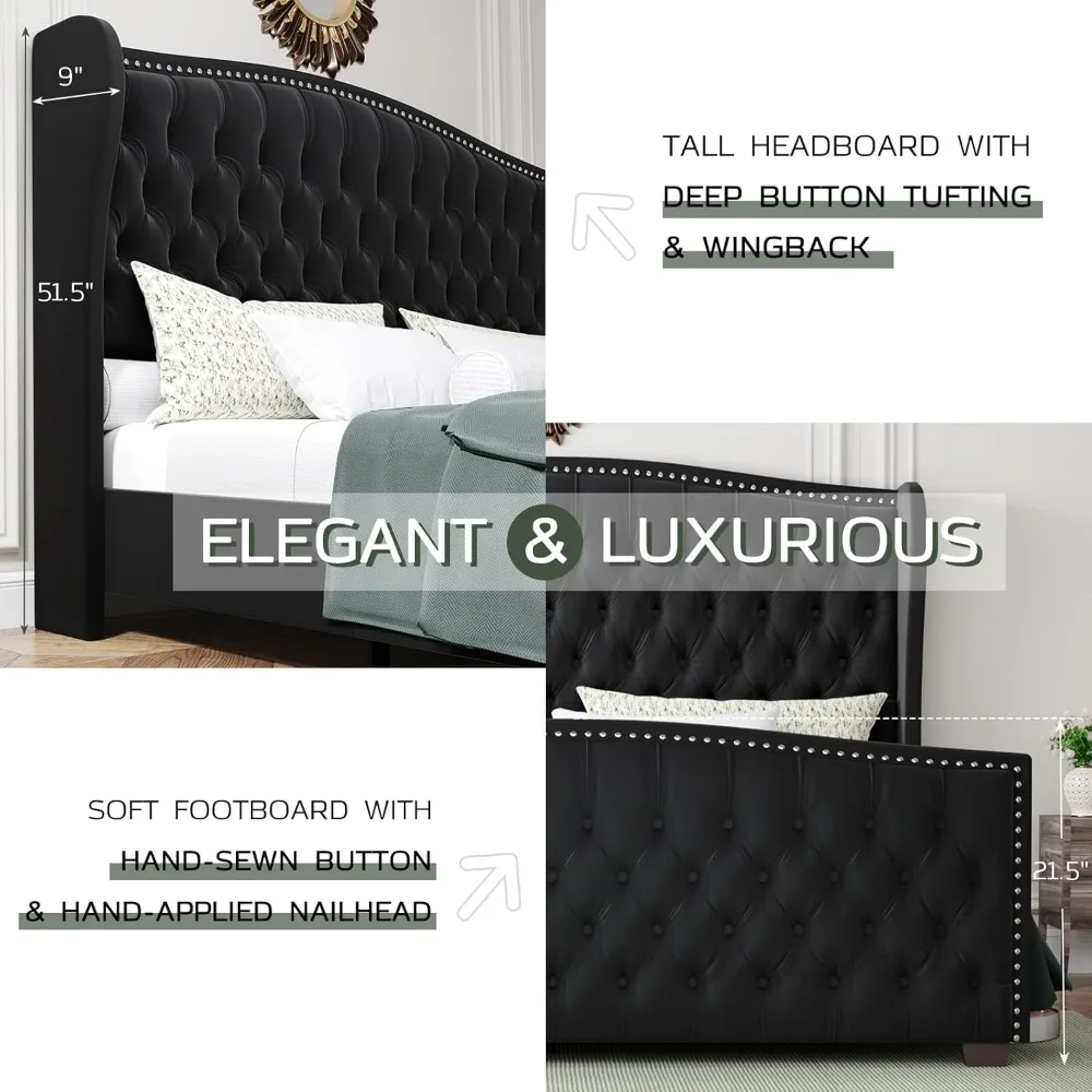 King Platform Bed Frame with Wingback Headboard, Velvet Upholstered Beds Frames with Handmade Button Tufted, King Bed Frame 4