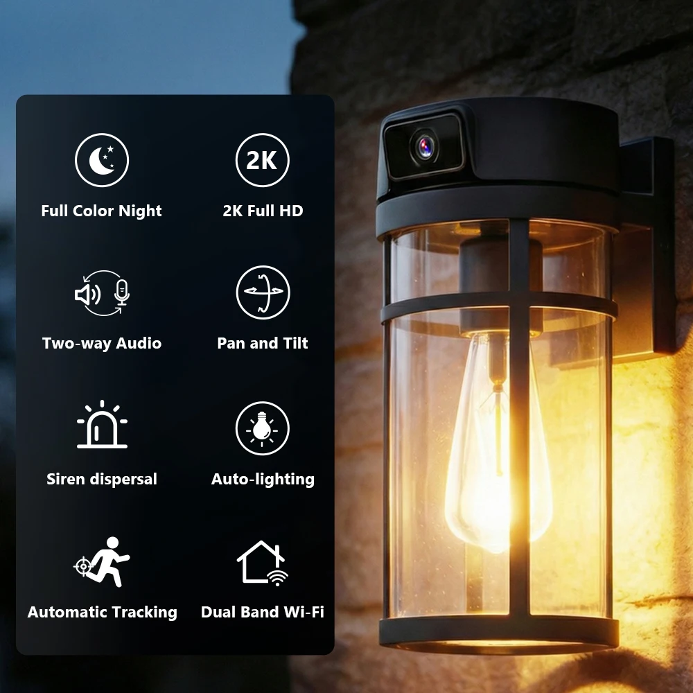 Caméra de sécurité extérieure Jarnex 2K WiFi avec détection humaine par IA, éclairage de jardin, 4 MP, audio bidirectionnel, fonction PTZ et lampe de jardin._voghion.com