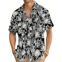 Skull Print Men's Large Size Lapel Shirt Summer Fashion Street Hip Hop Trend Tops Men's Shirt Oversized T-shirt 1