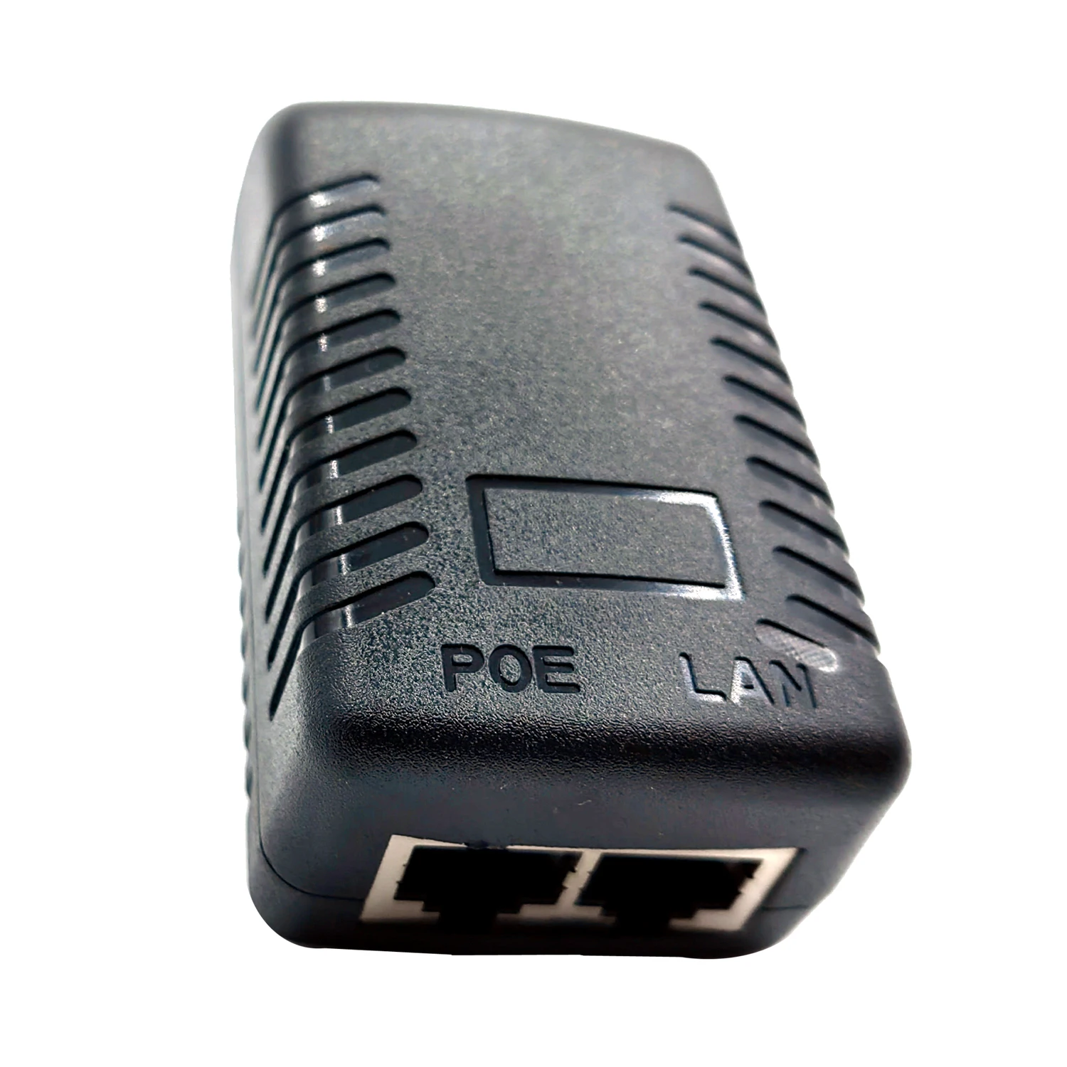 Front view of 48V PoE power injector showing ports