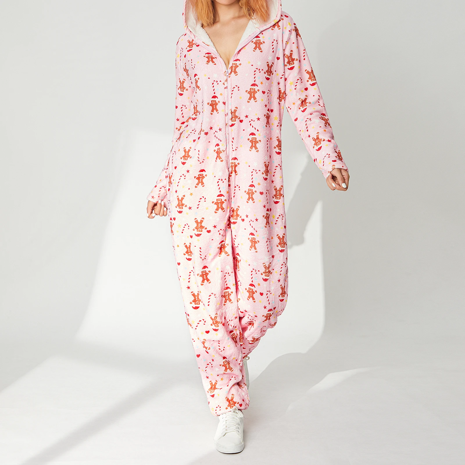 Women Pajama Floral Print Long Sleeve Hooded Jumpsuit Winter Warm Flannel Nightwear Home Wear Clothes with Zipper S/M/L/XL