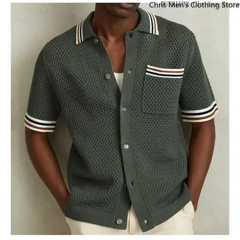 Summer New Hollow-knit Men's Shirt Business Leisure Lapel Men's Knit Shirt Street Fashion Brand Cardigan