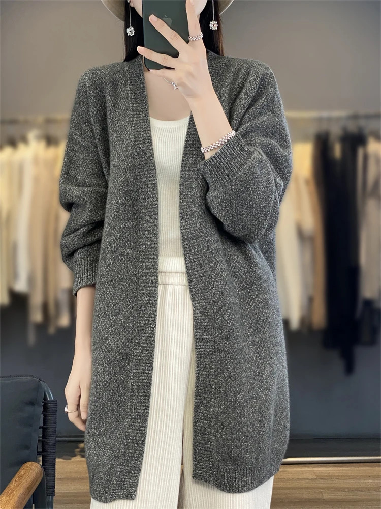ADDONEE Women Long Cardigan Autumn Winter Cashmere Sweater Casual Loose Style Coat 100% Merino Wool Knitwear Korean Fashion Tops 3