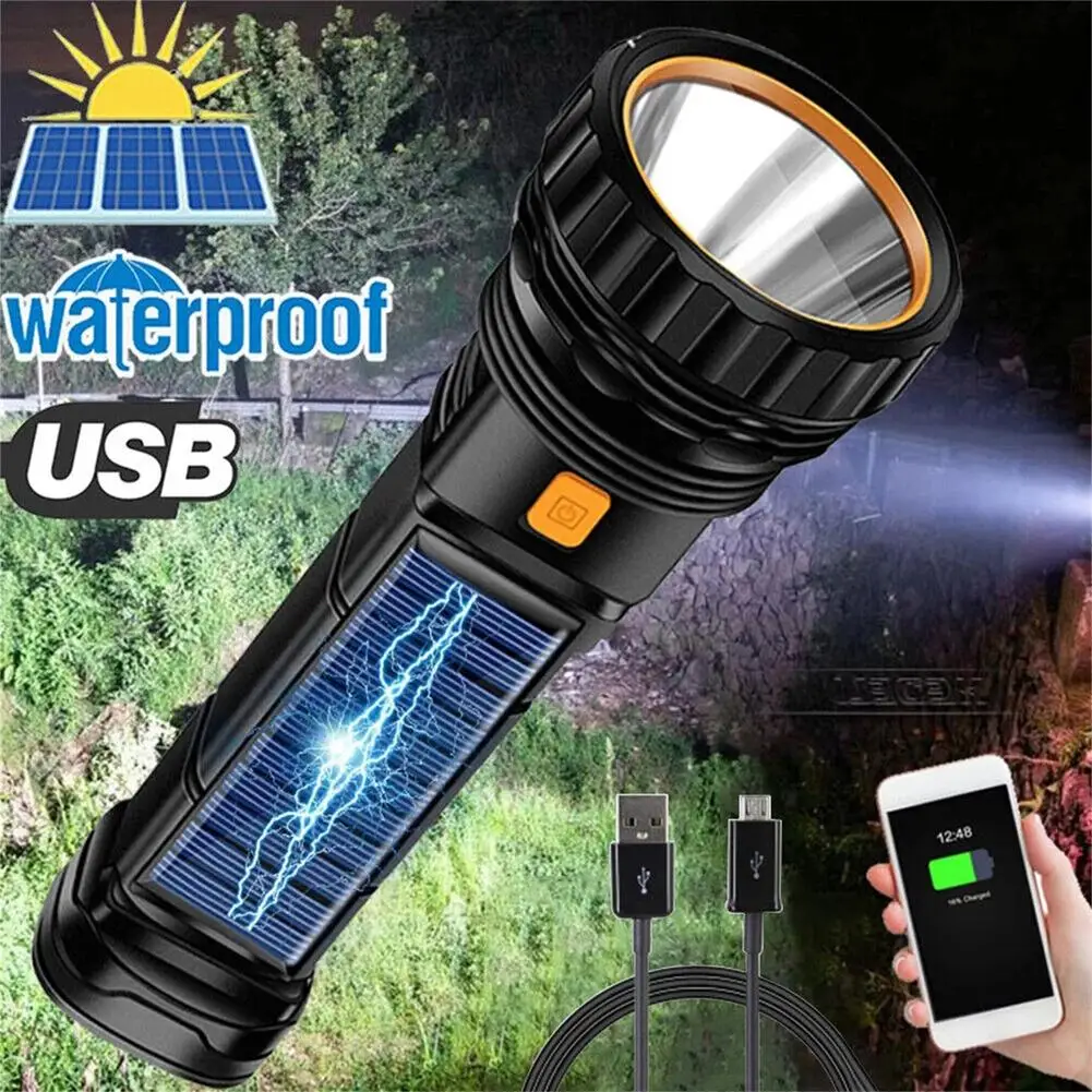 Spurtar Solar Flashlight Torch Car LED Flashlight Tactical Emergency 7 Modes Light USB Rechargeable Solar Powered Flashlight 2000mAh Super Bright Wit