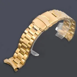 Stainless Steel Curved End Watch Strap with Double Lock Buckle - 22mm (Gold)