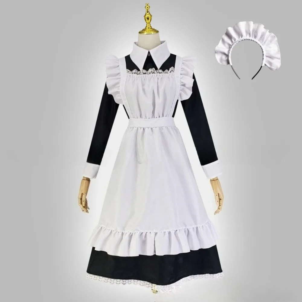 French Maid Dress Costume - Victorian Lolita Anime Cosplay Uniform with Long Skirt, Cute Dress for Role Play, Halloween